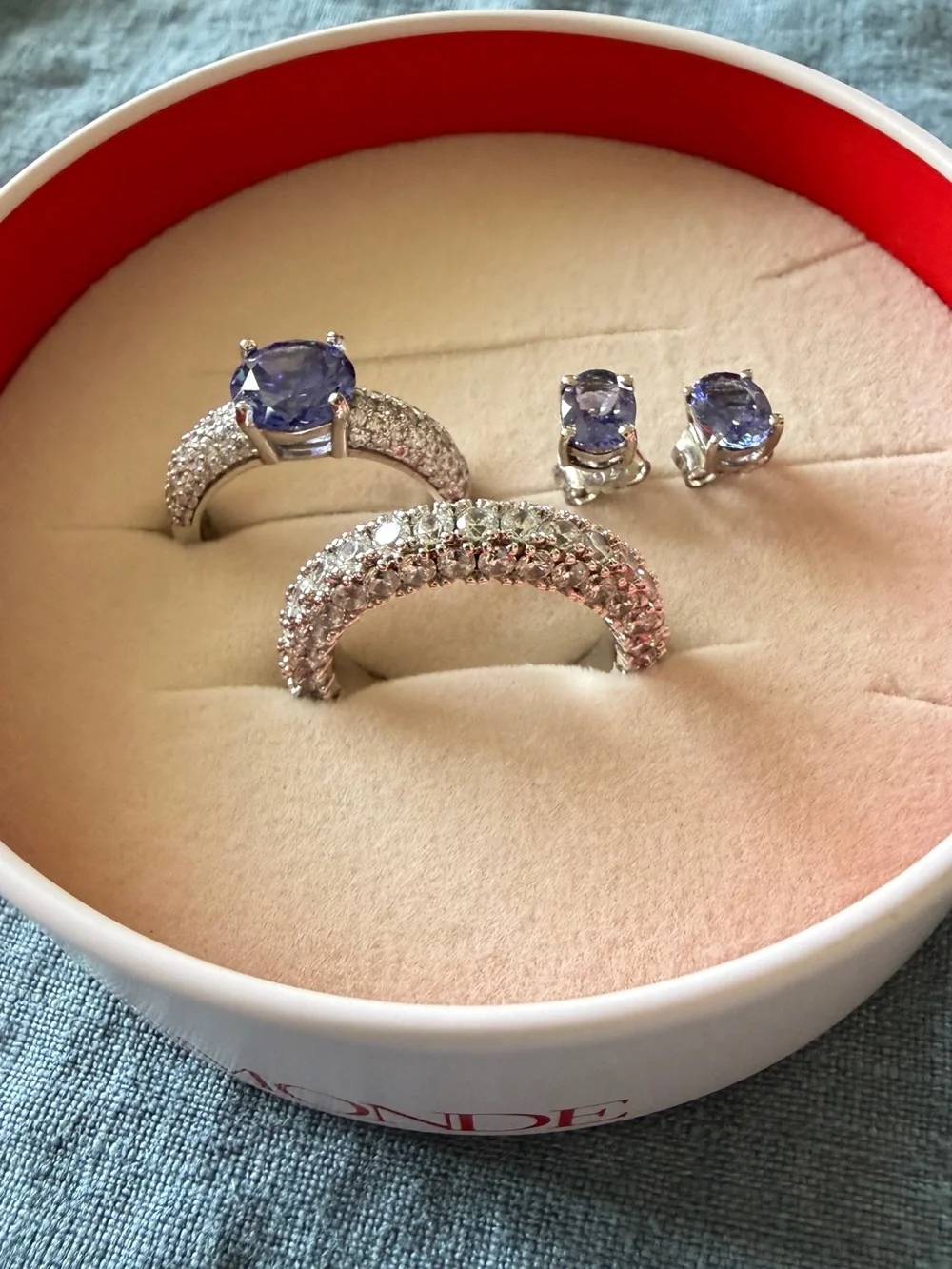 Silver and Tanzanite ring, matching tanzanite stud earrings, multi-row pave band